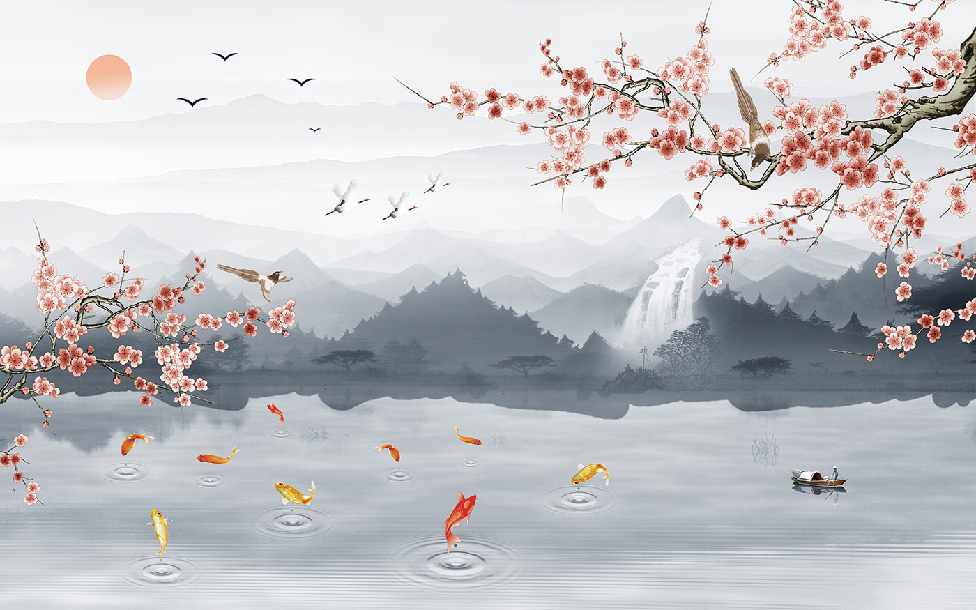 Painting of a river with a waterfall and birds Painting of a river with a waterfall and birds