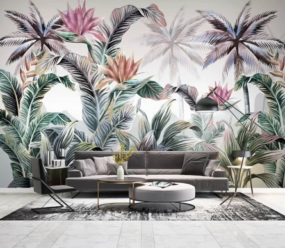 Wallpaper with palm trees and flowers