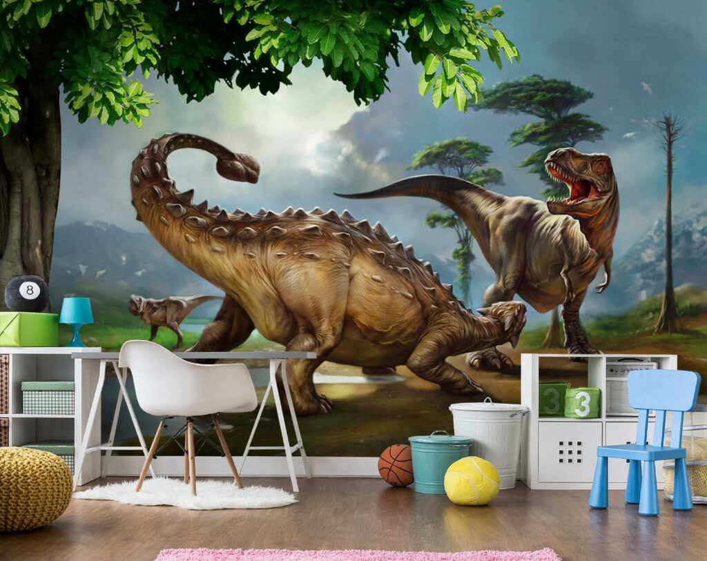 Painting of dinosaurs near a river