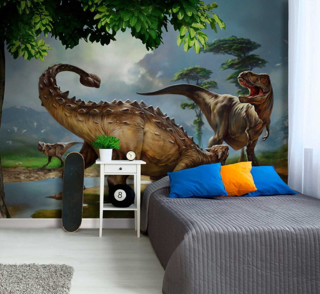 Painting of dinosaurs near a river