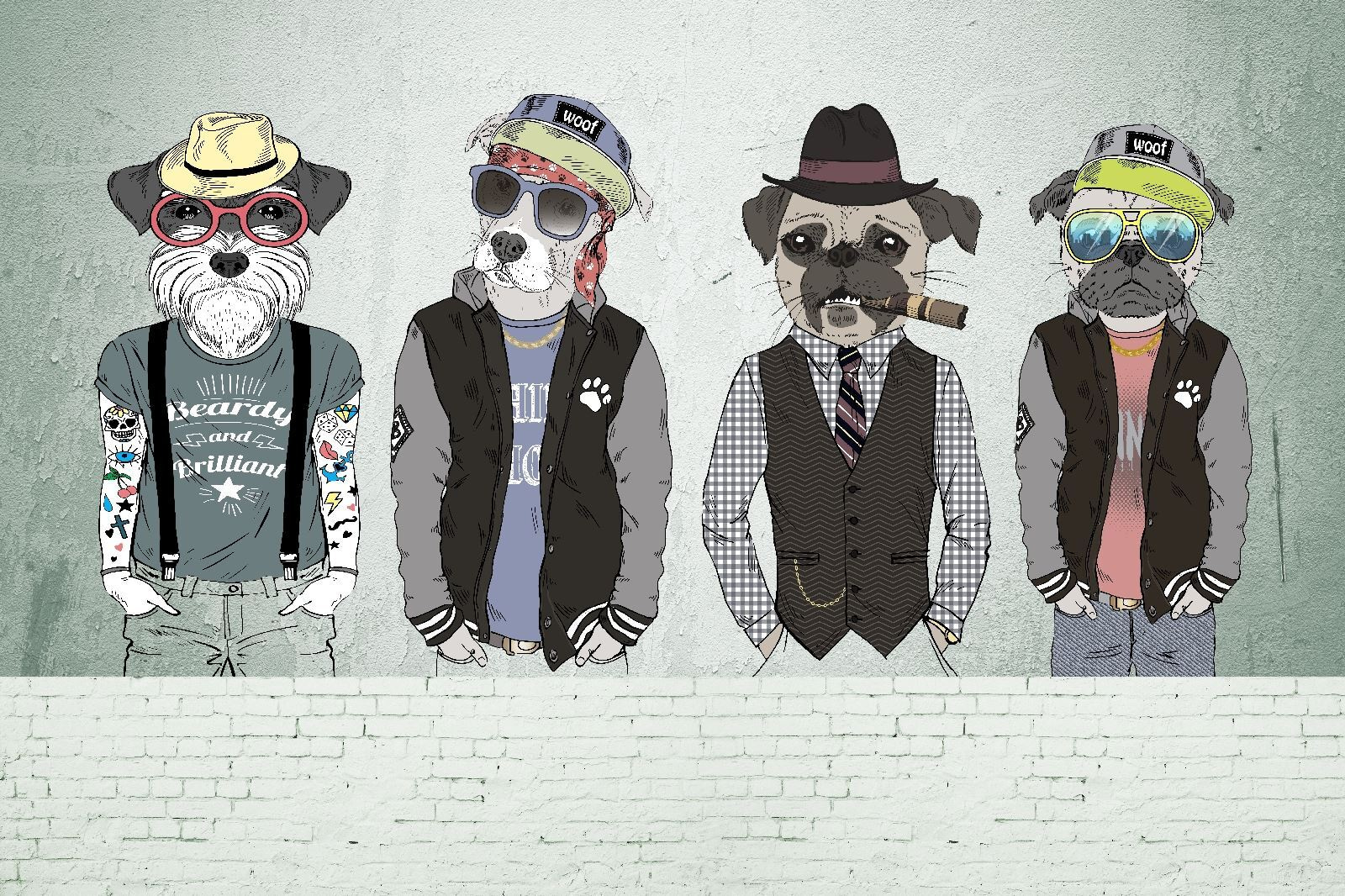Group of dogs wearing hats and sunglasses Group of dogs wearing hats and sunglasses