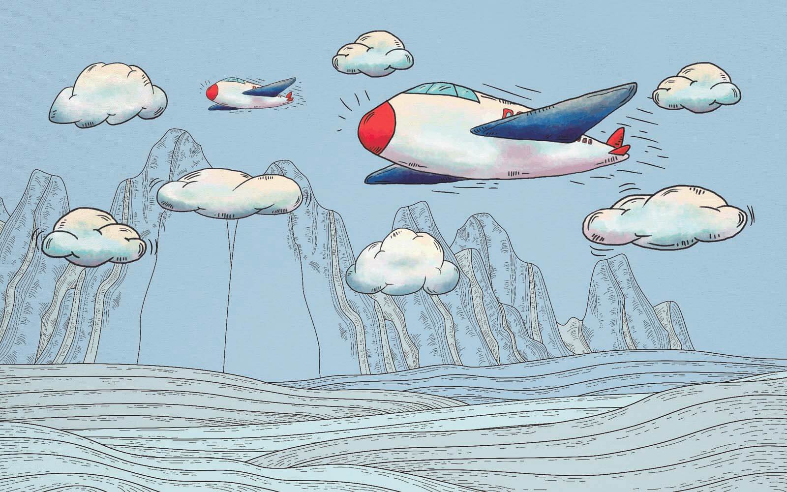 u28105p - Карикатура на літаки, що летять над горами - tegory