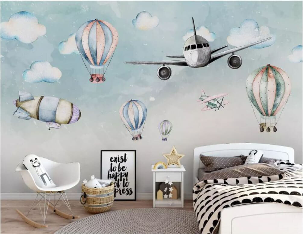 Group of hot air balloons and airplanes