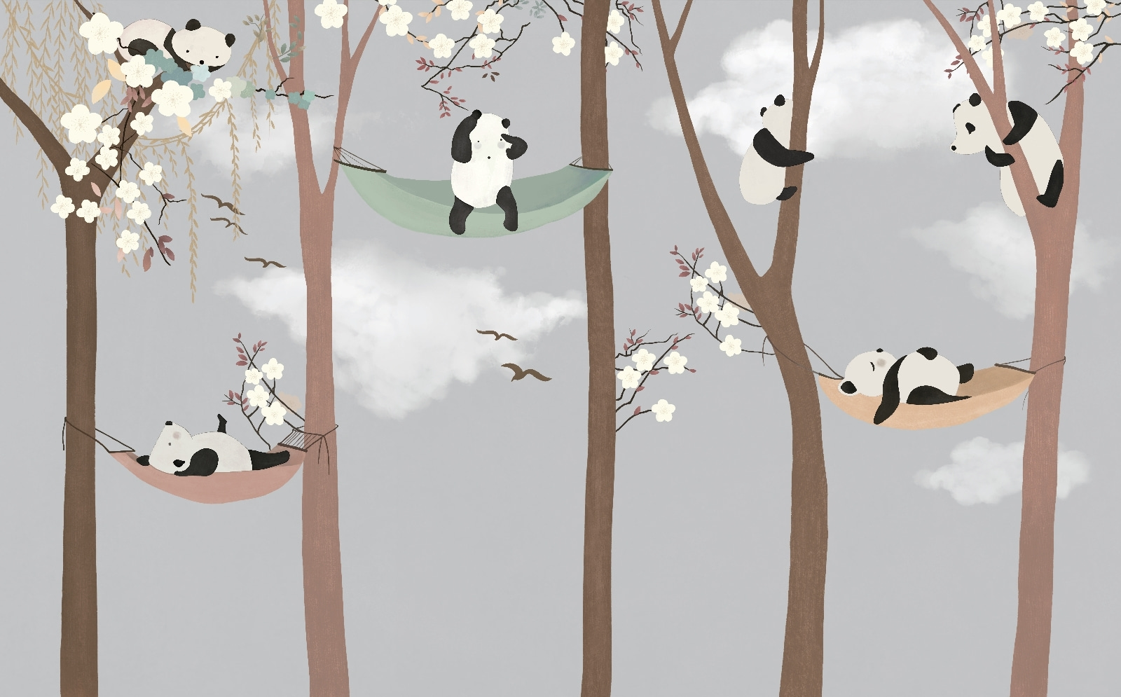 Pandas in hammocks in trees