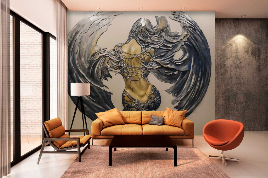 Metal sculpture of a woman with wings