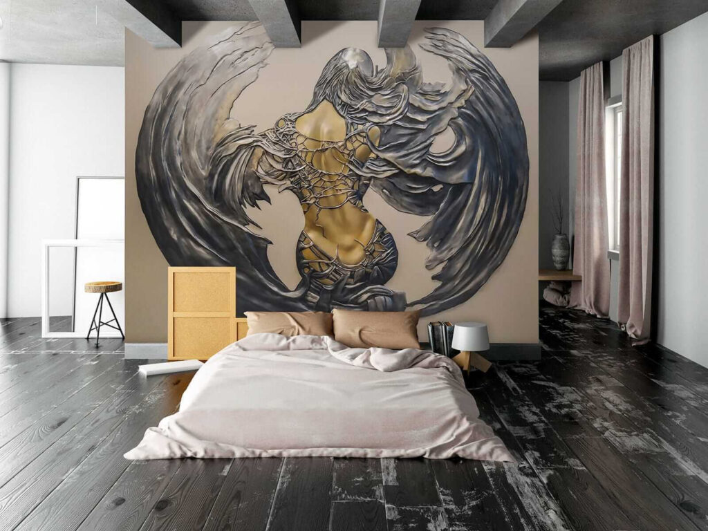 Metal sculpture of a woman with wings