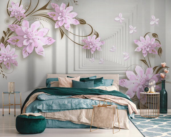 Wallpaper with flowers and swirls