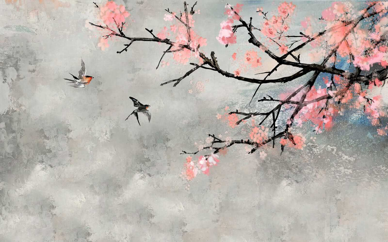 Tree branch with pink flowers and birds flying
