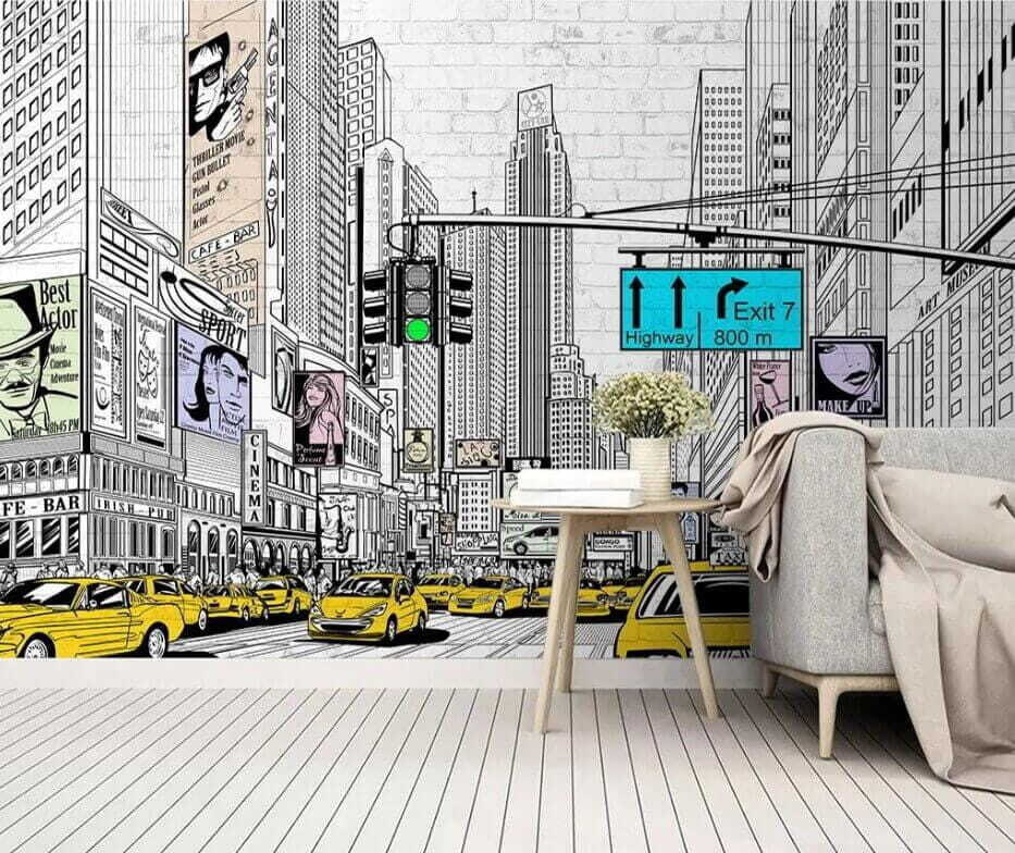 Drawing of a city street with cars and buildings