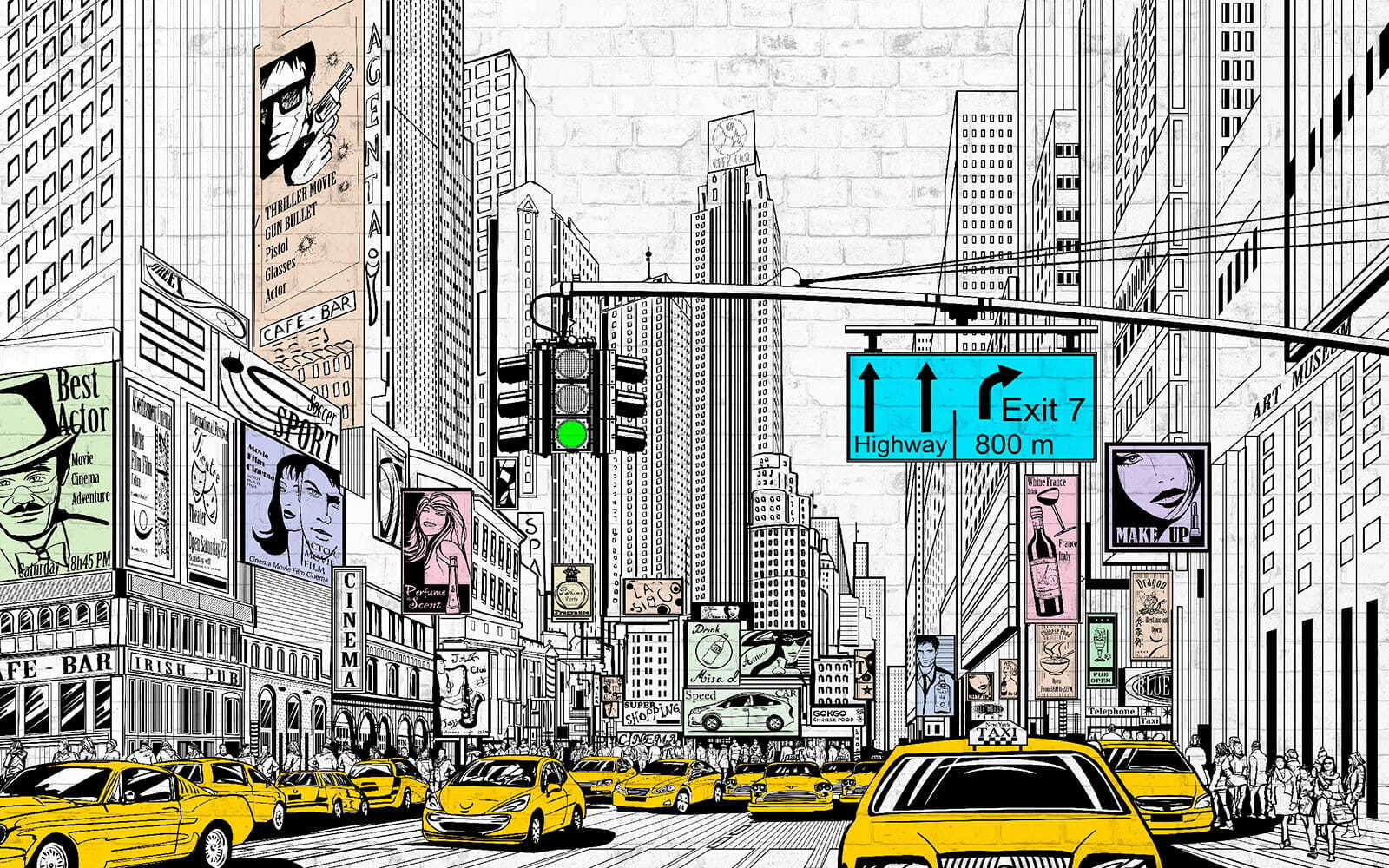 Drawing of a city street with cars and buildings Drawing of a city street with cars and buildings