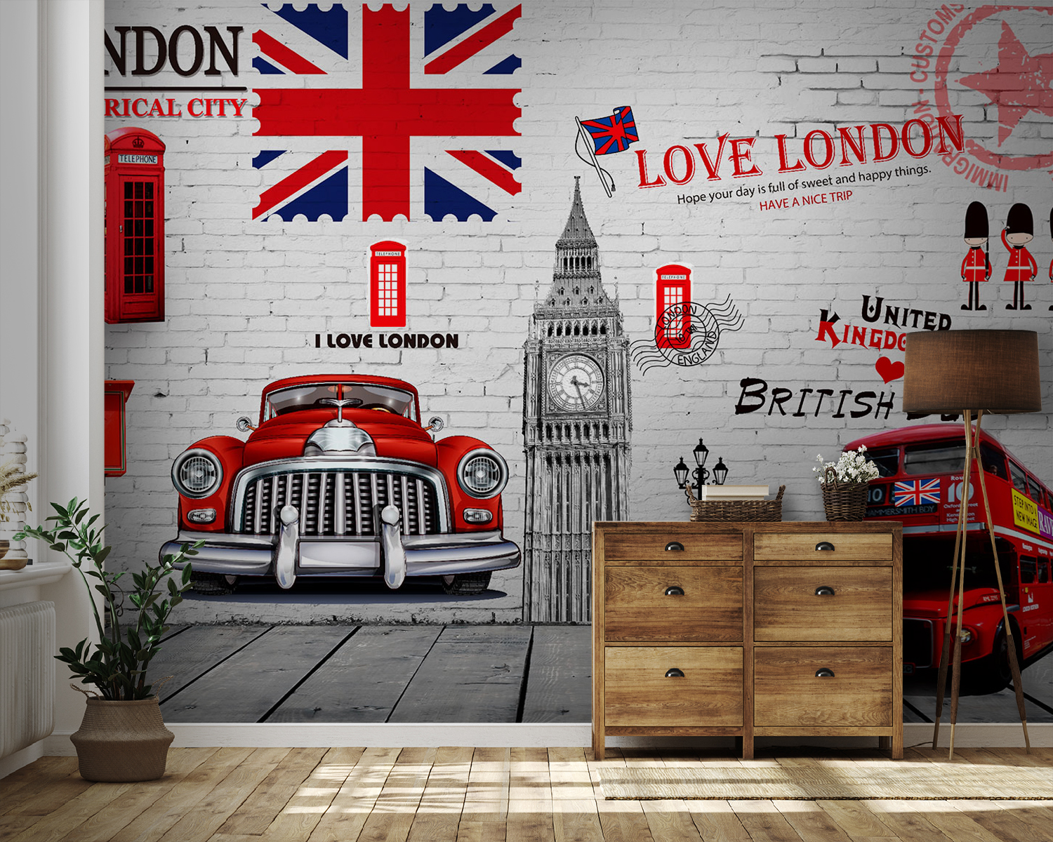 Red bus and a red bus painted on a wall