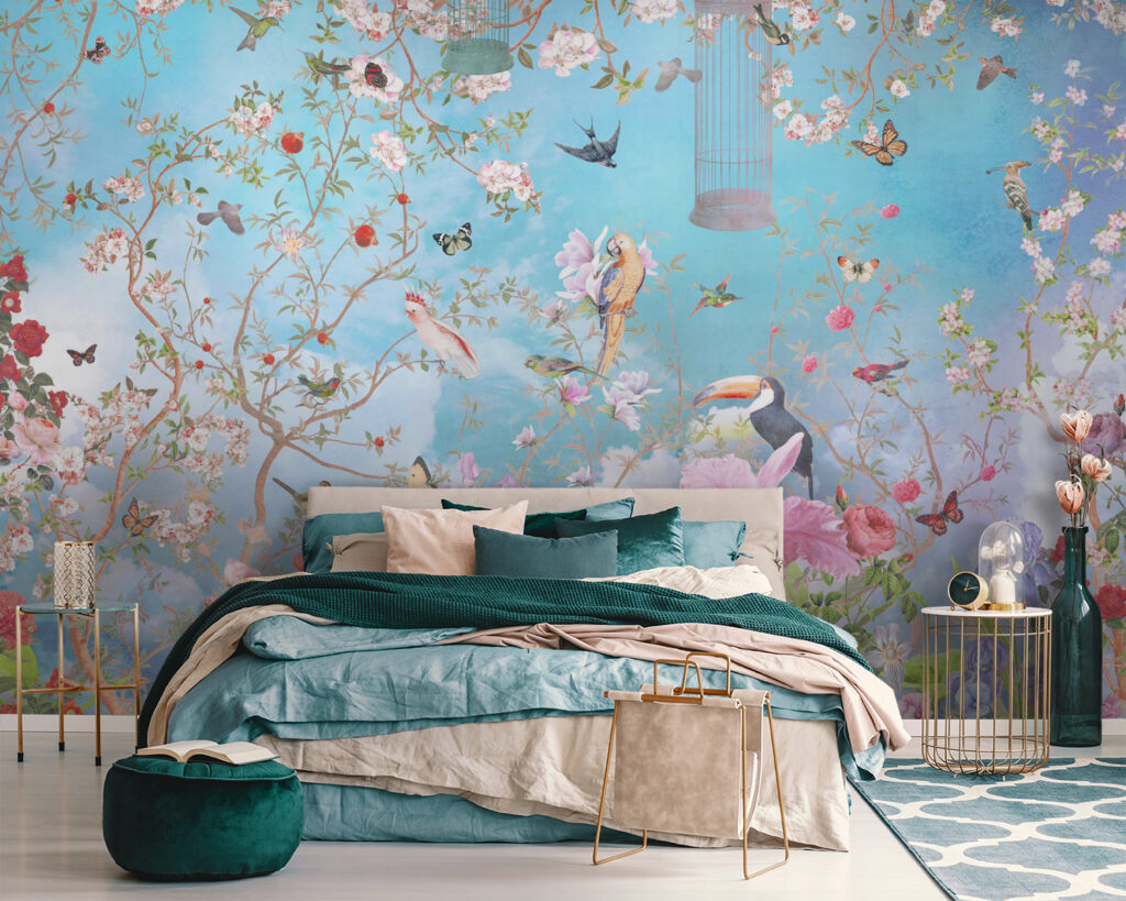 Wallpaper with birds and flowers
