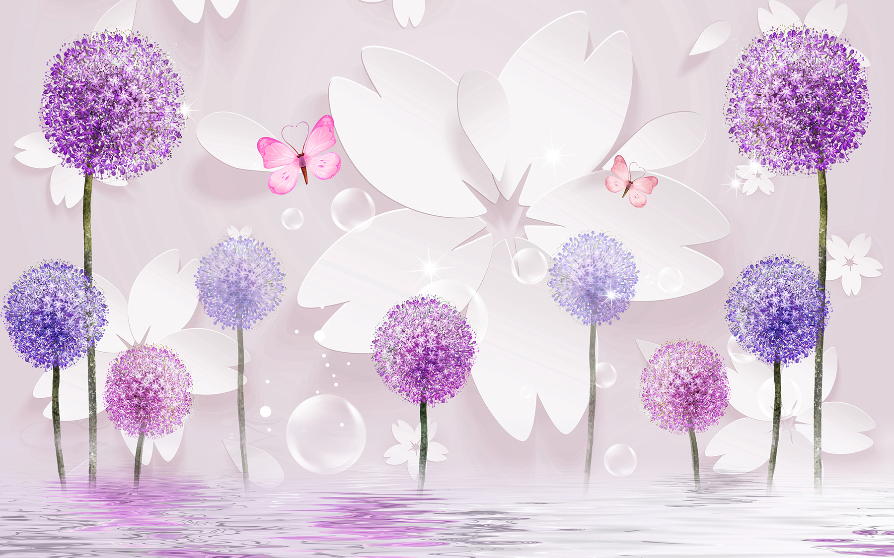 Purple and white flowers with butterflies Purple and white flowers with butterflies