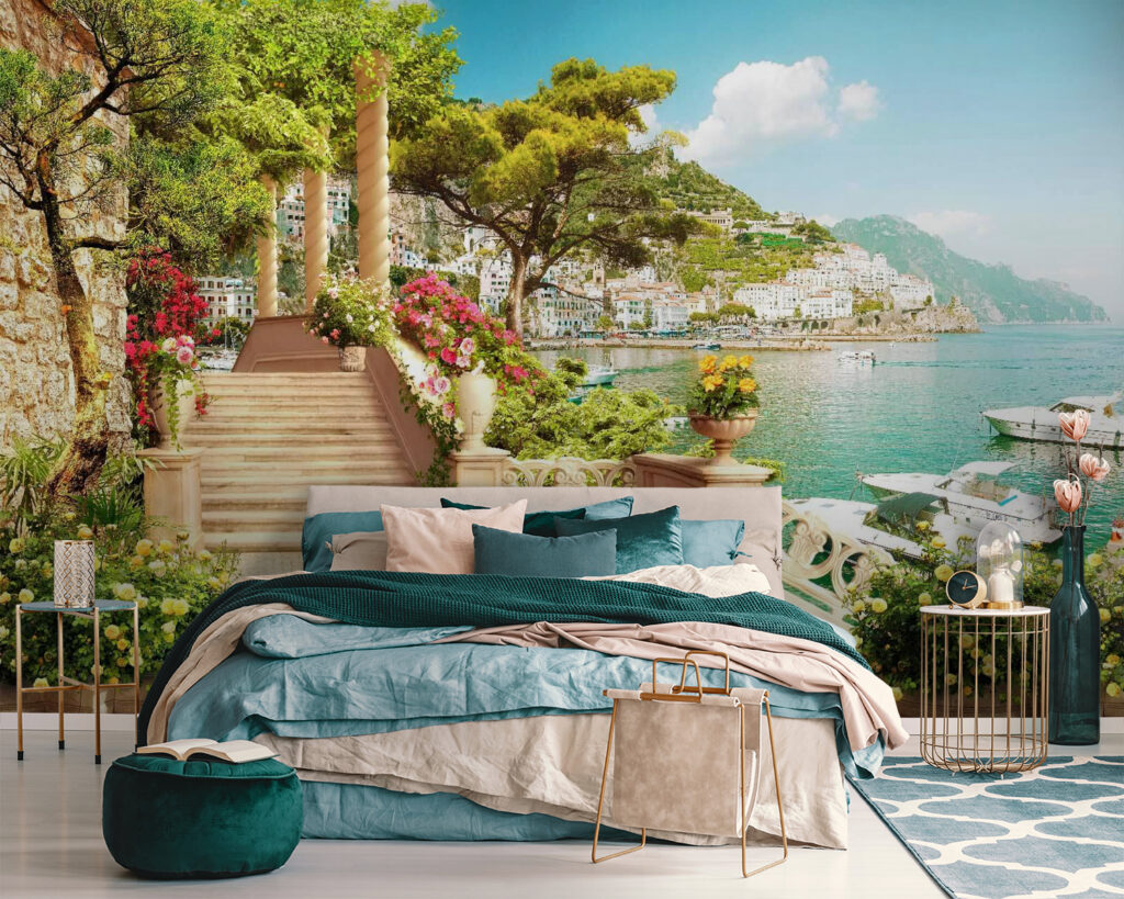 Stone staircase with flowers and trees on the side of the water