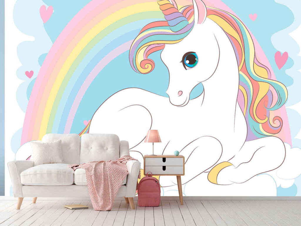 Unicorn sitting on a cloud with rainbow and hearts