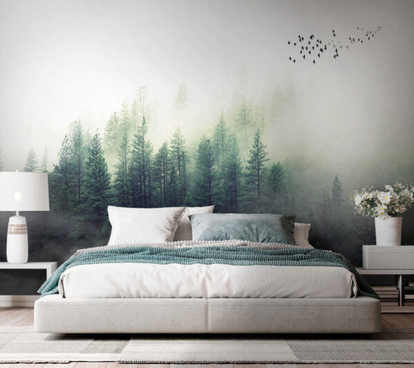 Birds flying over a forest