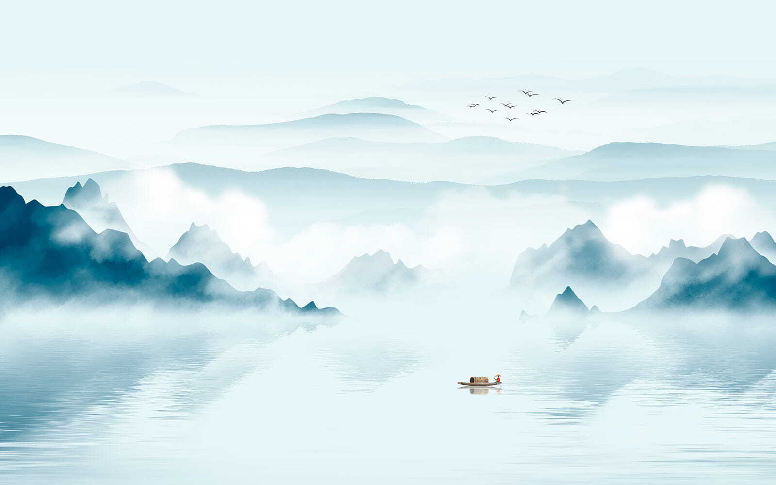Boat in the water with mountains and birds flying Boat in the water with mountains and birds flying