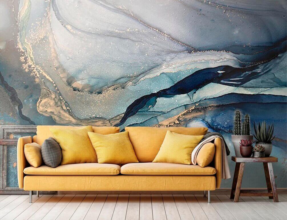 Swirling blues and earthy tones blend