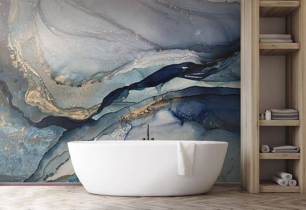 Swirling blues and earthy tones blend