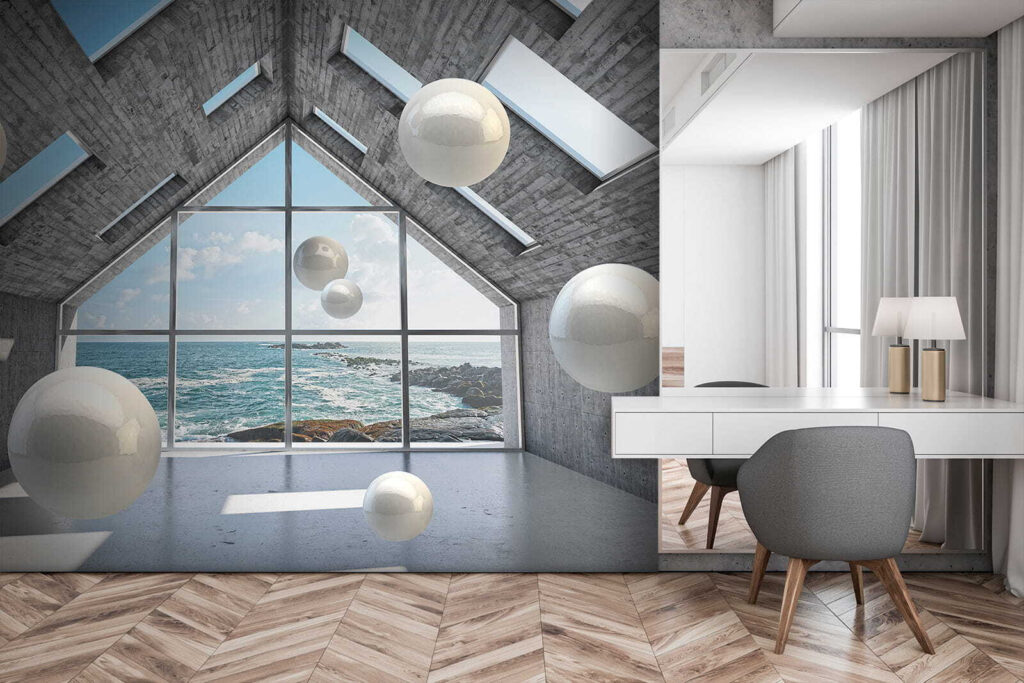 Room with white balls floating in the air