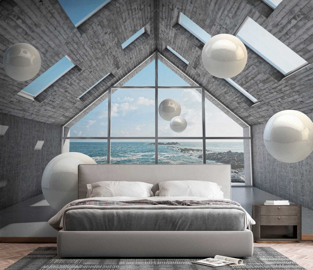 Room with white balls floating in the air