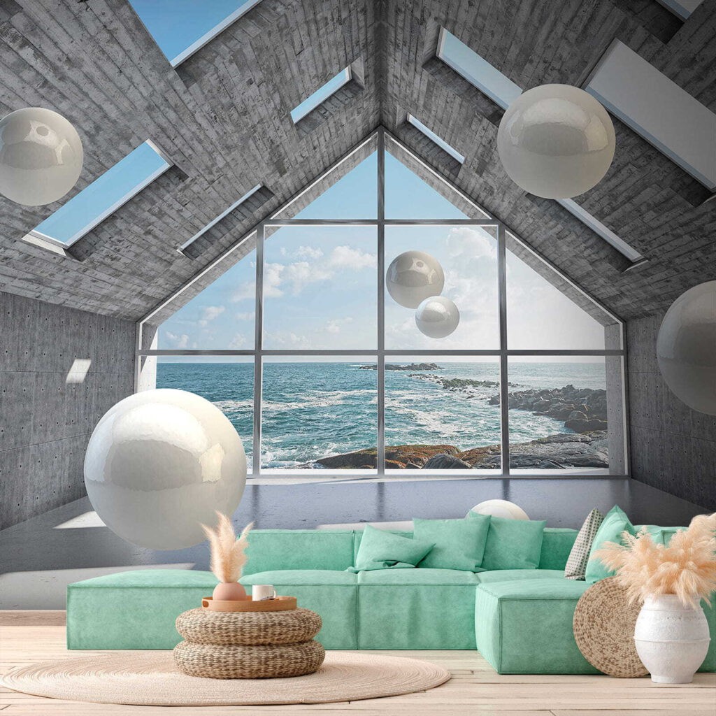 Room with white balls floating in the air