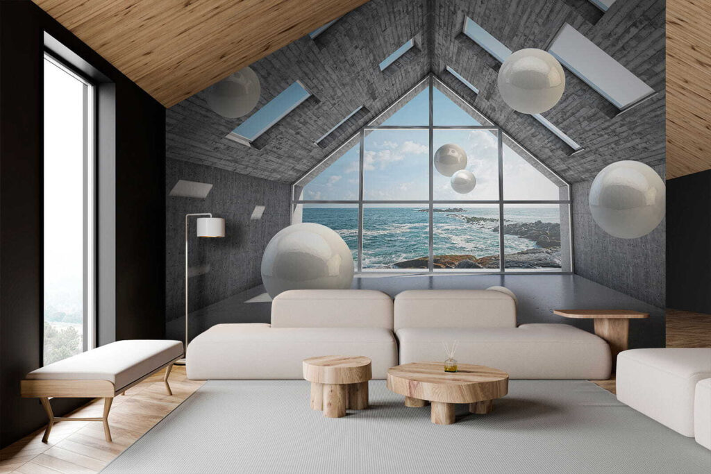 Room with white balls floating in the air