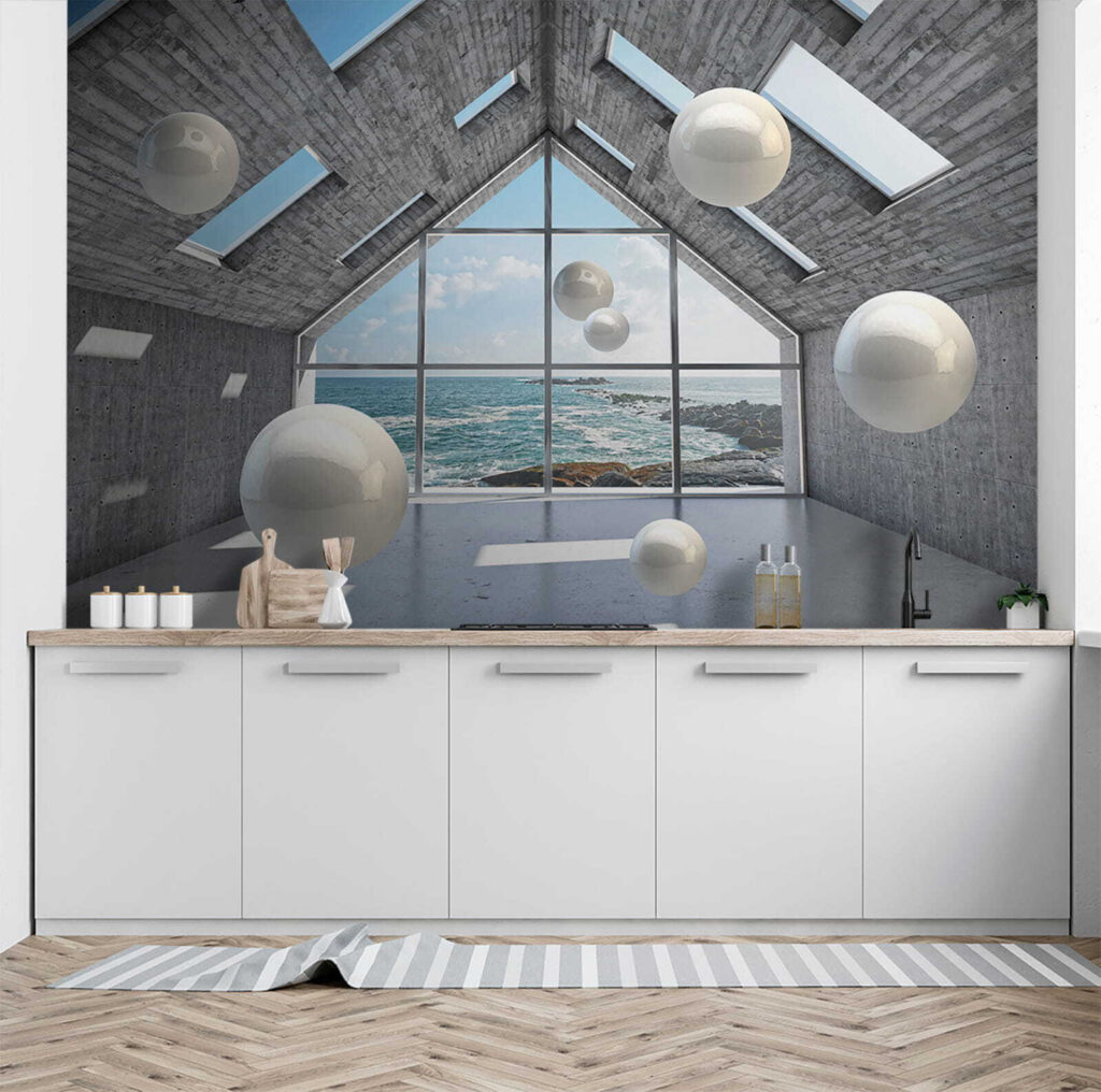 Room with white balls floating in the air