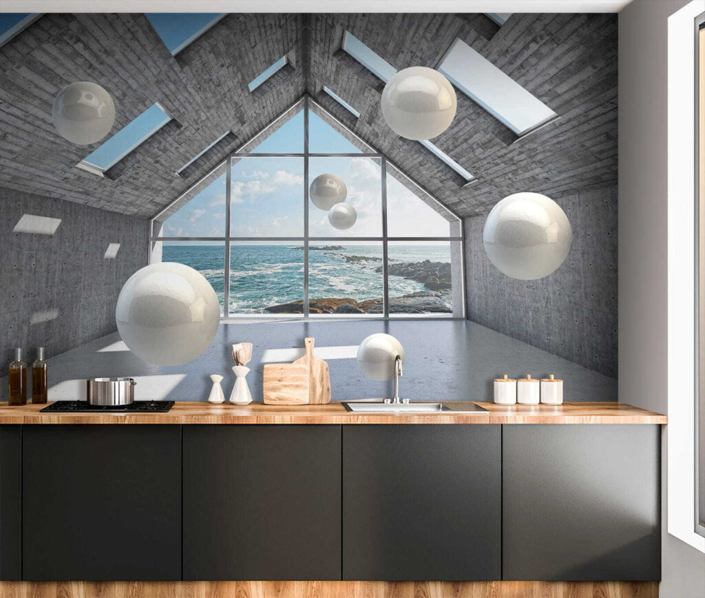 Room with white balls floating in the air