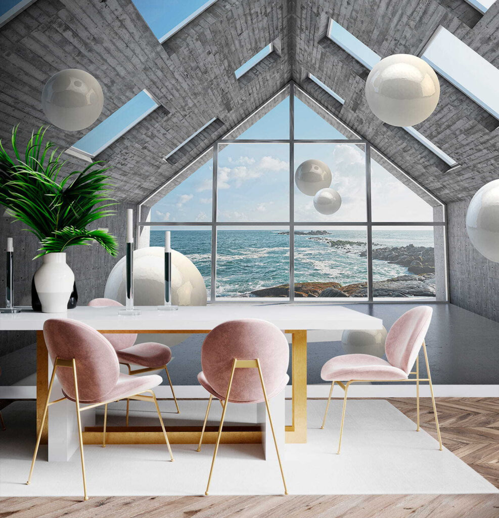 Room with white balls floating in the air