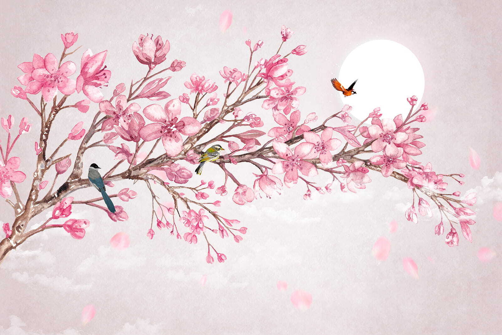Painting of a branch with pink flowers and birds Painting of a branch with pink flowers and birds
