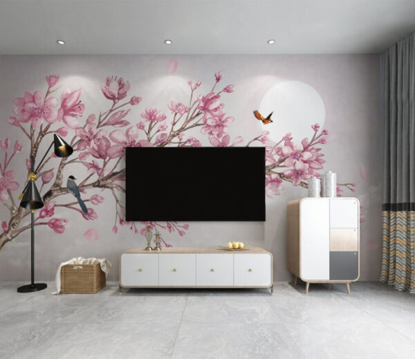 Painting of a branch with pink flowers and birds Painting of a branch with pink flowers and birds