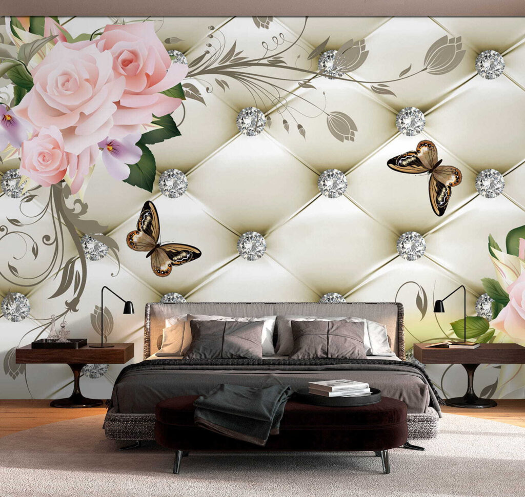 Wallpaper with flowers and butterflies