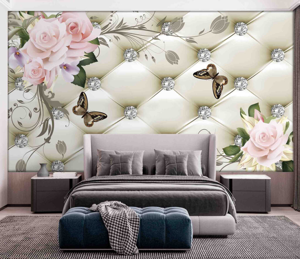 Wallpaper with flowers and butterflies