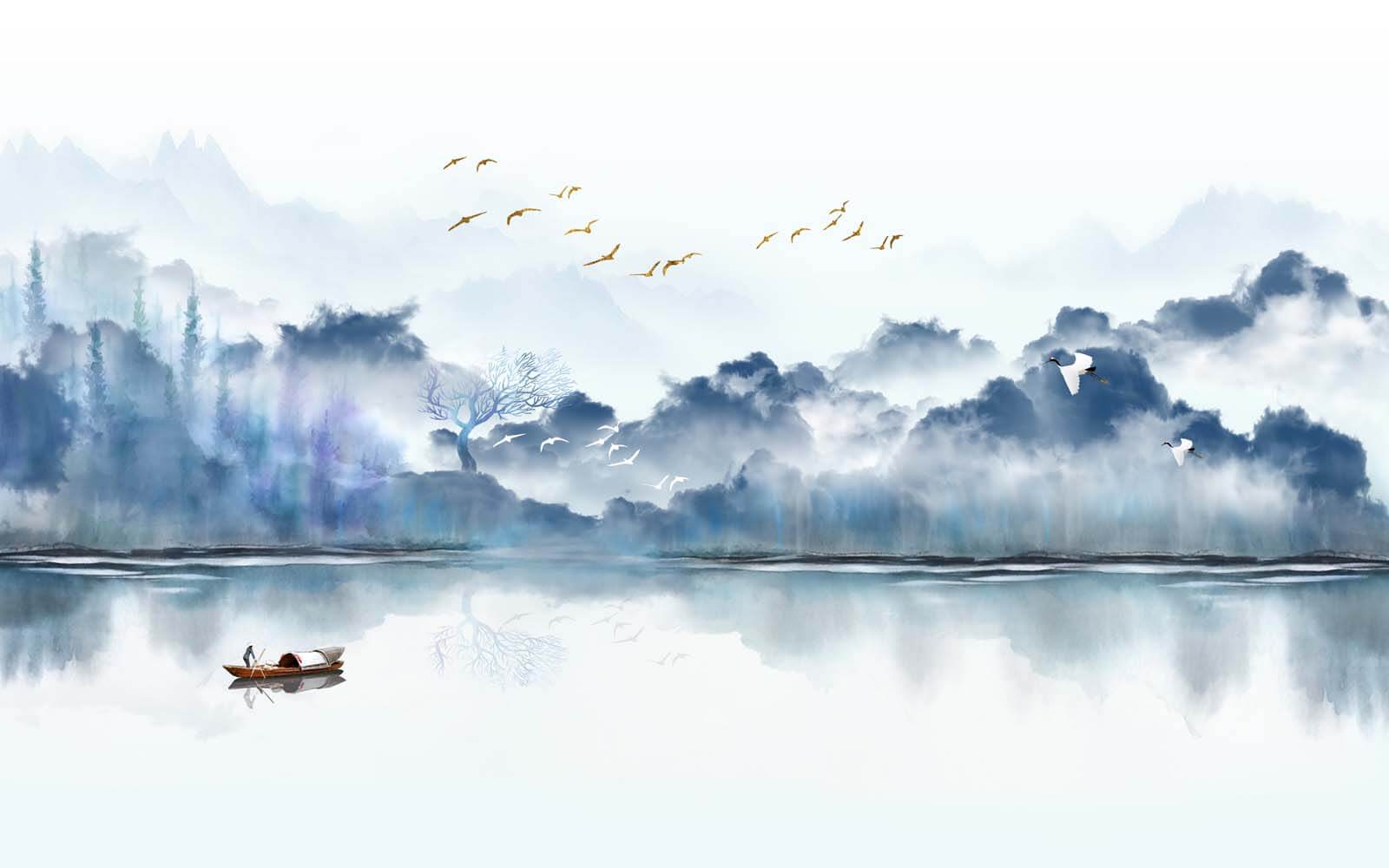 u07345p - Малюнок човна на воді з птахами, що летять у небі - tegory