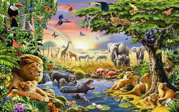Group of animals in a river Group of animals in a river