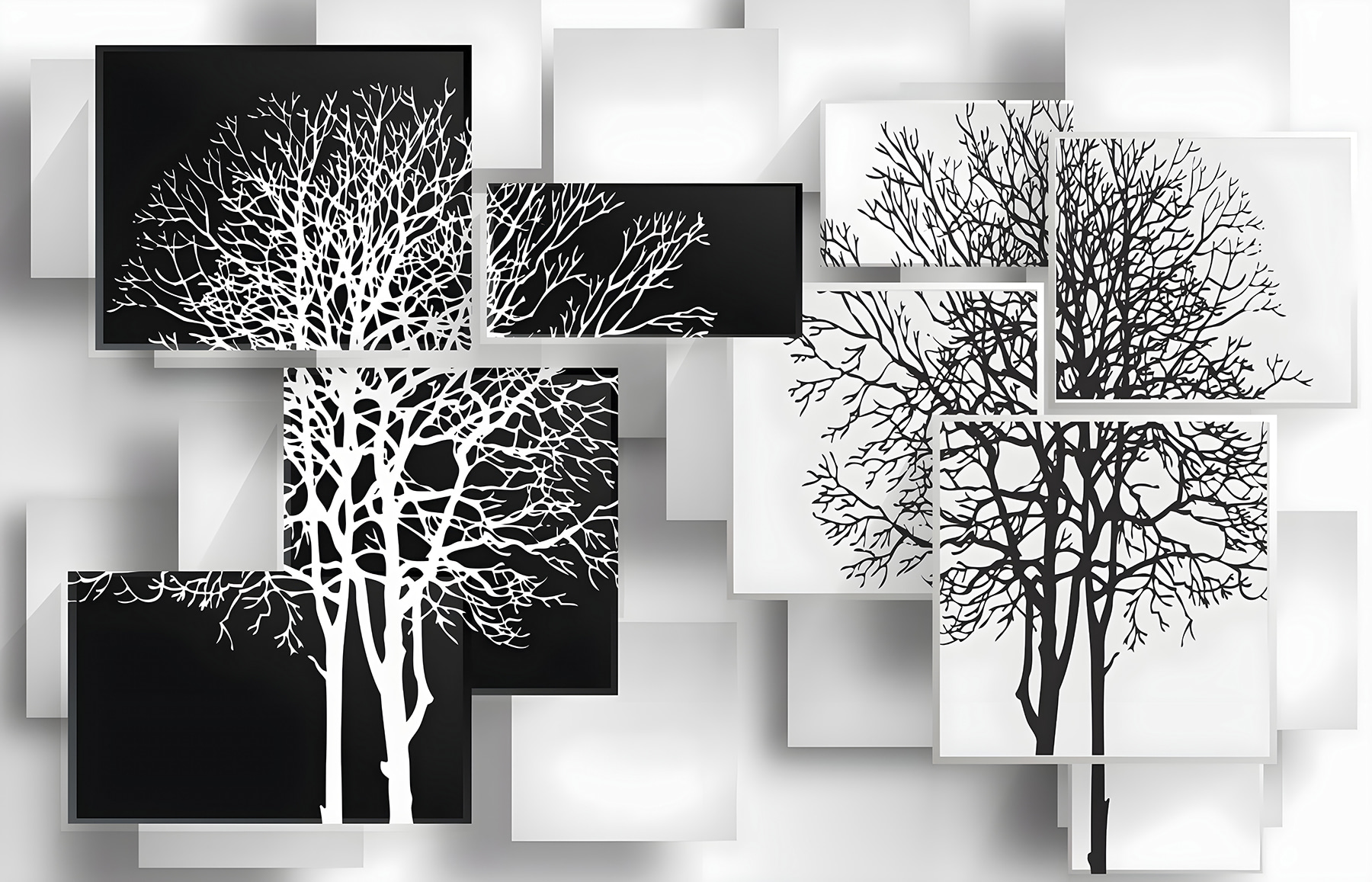 Group of black and white squares with trees on them Group of black and white squares with trees on them