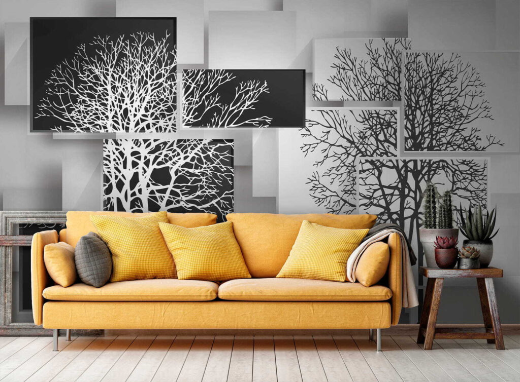 Group of black and white squares with trees on them Group of black and white squares with trees on them