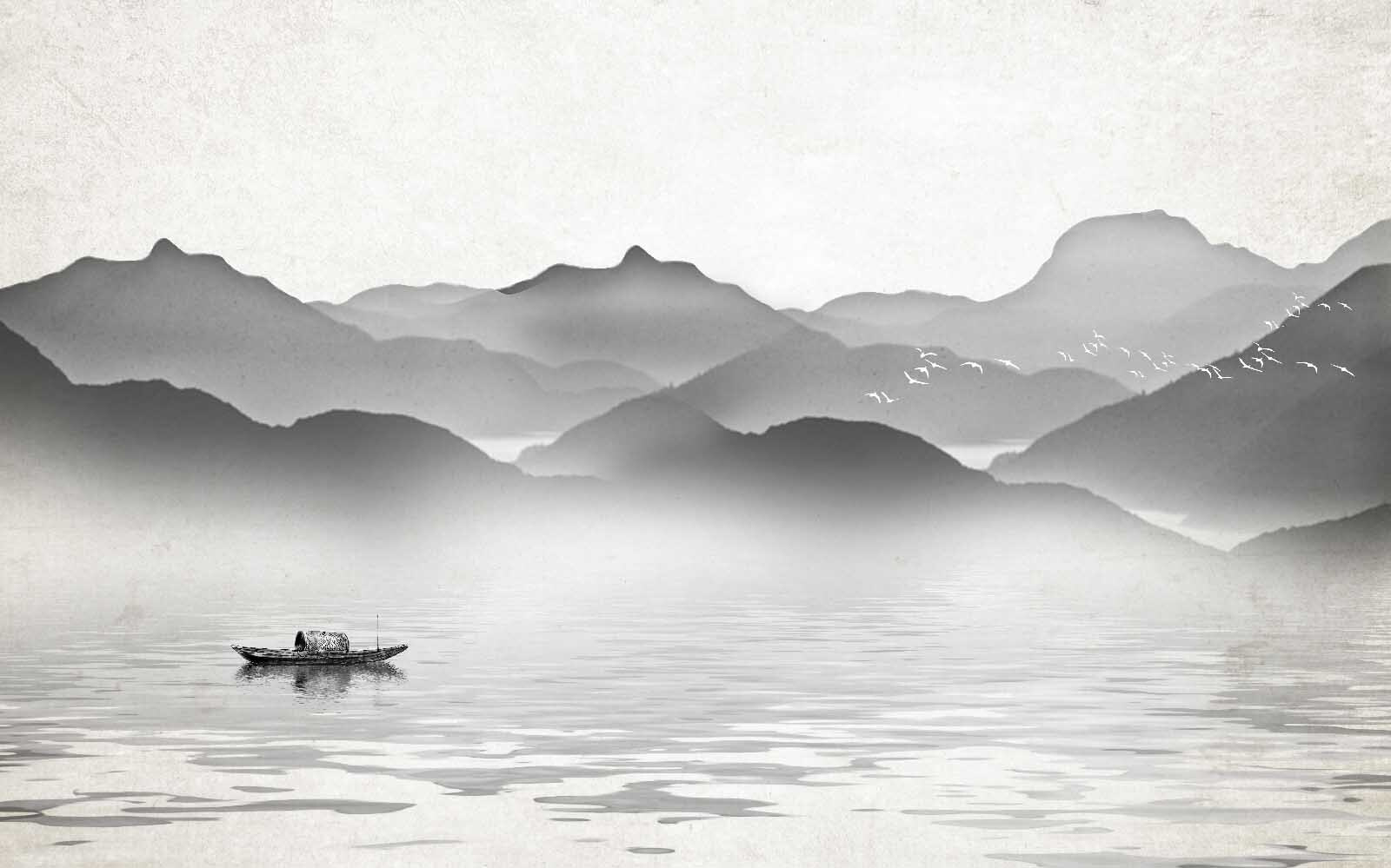 u09842p - Човен на воді з горами на задньому плані - tegory