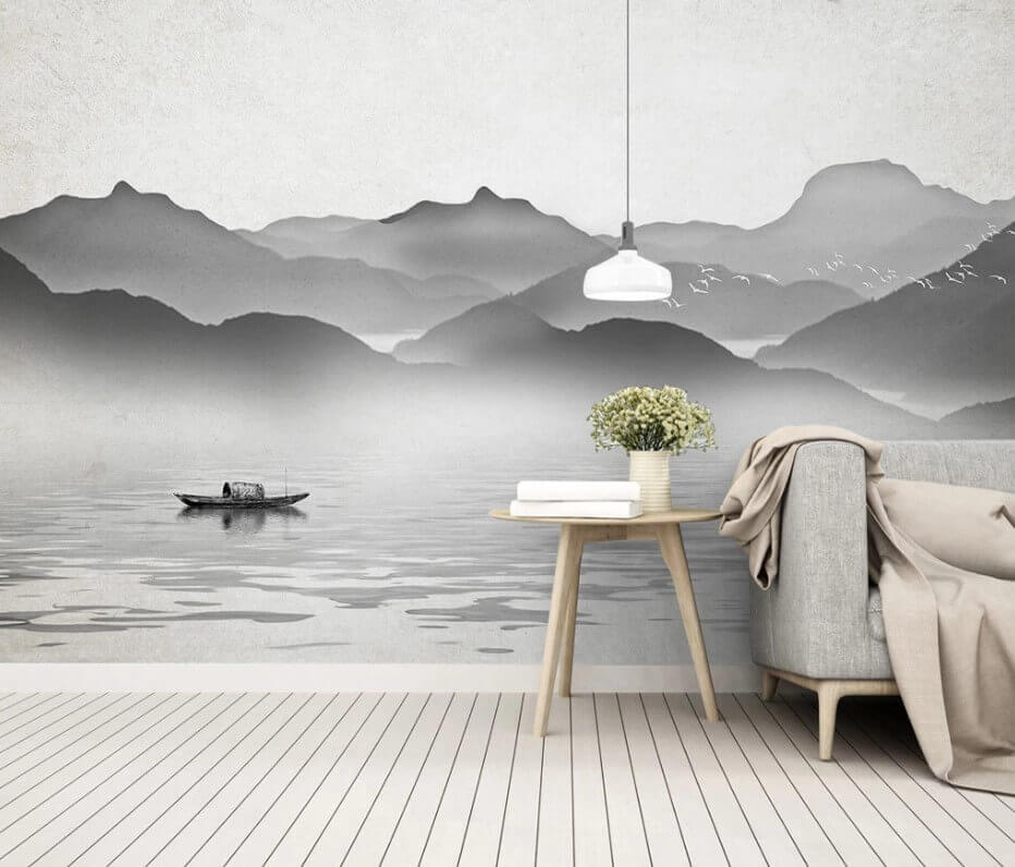 u09842pig1m - Човен на воді з горами на задньому плані - tegory