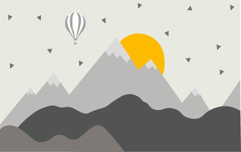 Mountain landscape with a hot air balloon and a sun