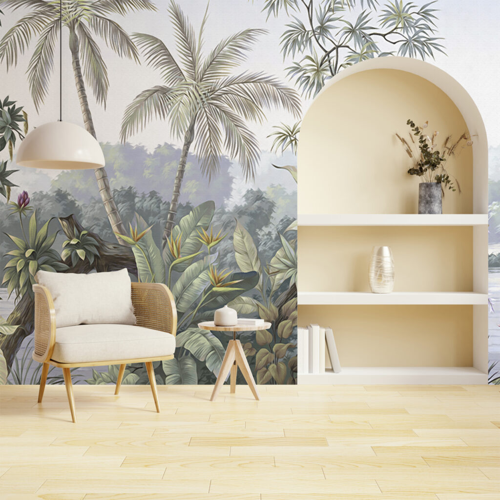 A mural of a forest with trees and water A mural of a forest with trees and water