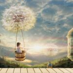 Фотошпалери Дівчинка в кошику на гойдалці з кульбабою в небі