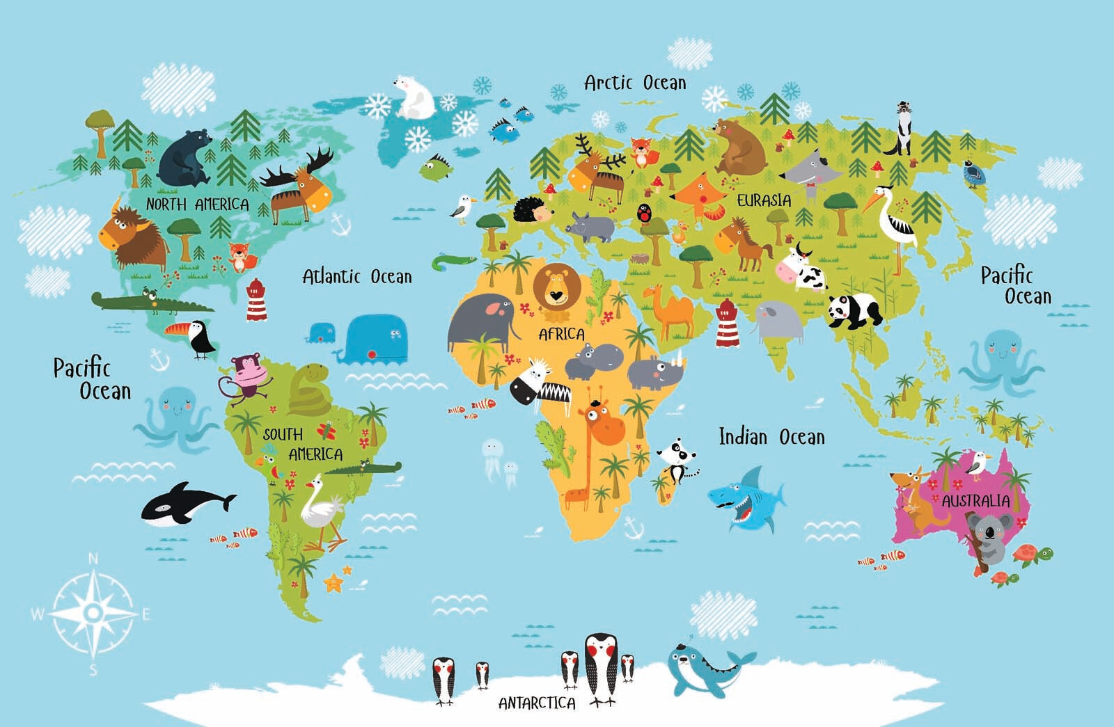 Map of the world with animals Map of the world with animals