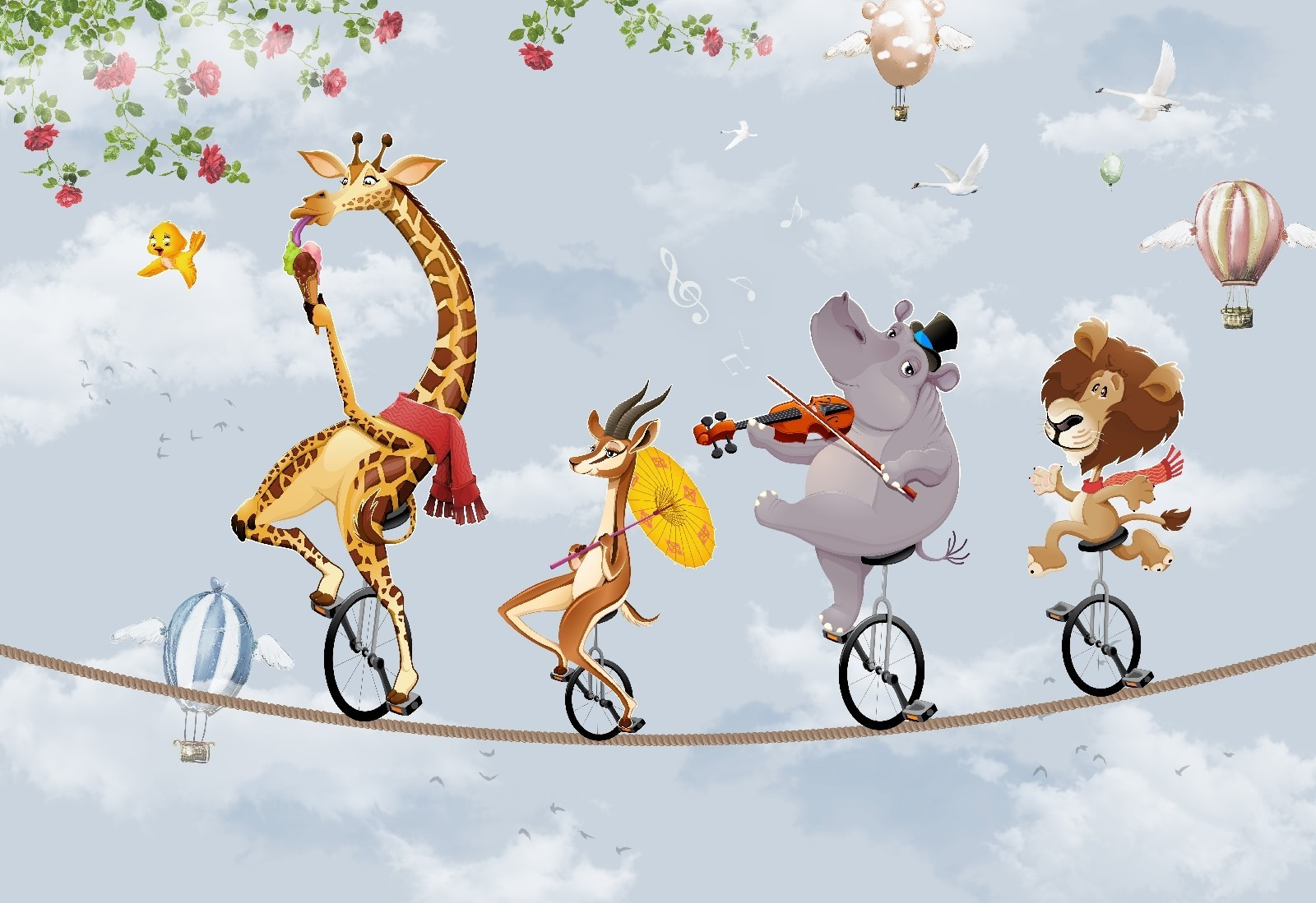 Group of animals riding unicycle Group of animals riding unicycle