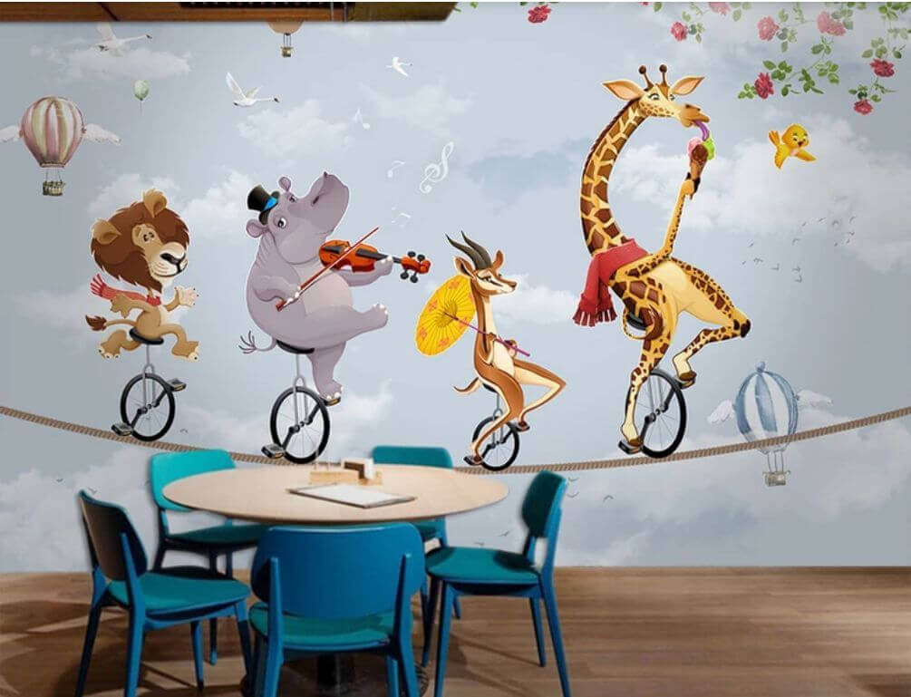 Group of animals riding unicycle Group of animals riding unicycle