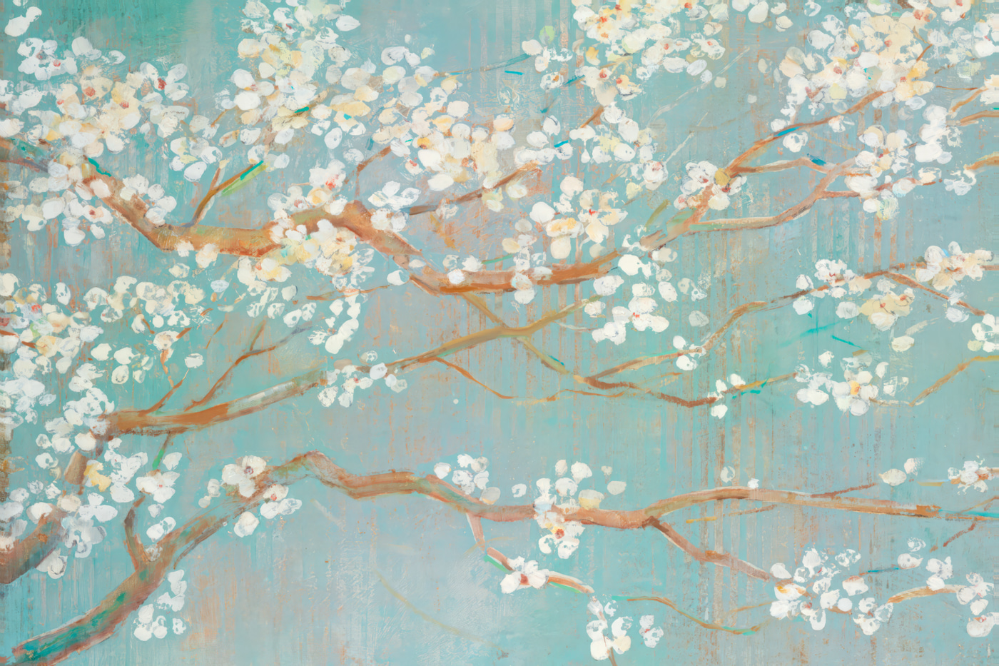 Painting of a tree branch with white flowers