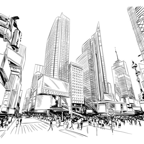 Drawing of a city with tall buildings Drawing of a city with tall buildings