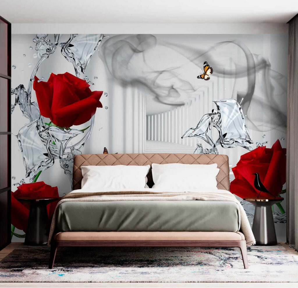 Red roses and butterflies in a glass