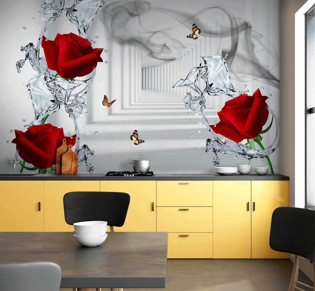 Red roses and butterflies in a glass